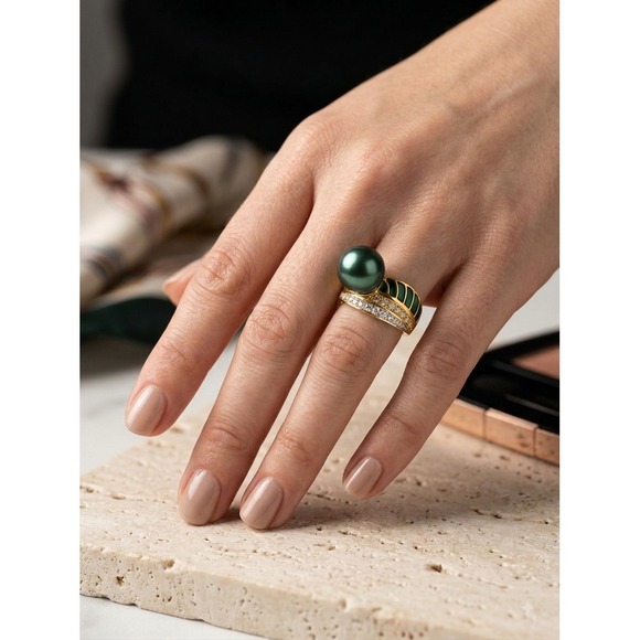 Jewelry - Gold Tone Teal Faux Pearl Green Enamel Rhinestone Statement Ring Size 9